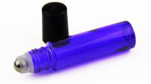 Afbeelding in Gallery-weergave laden, 10 ml -Blauwkleurig rollerflesje met glazen rollerbal en zwart plastic dop

